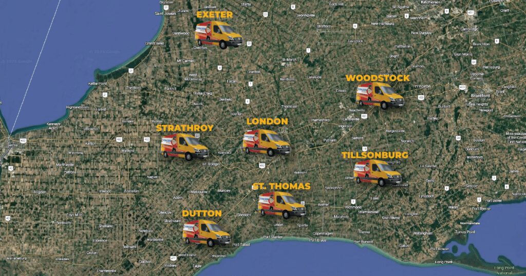 Map showing Donaldson Home Services' service area around London, Ontario and nearby communities.