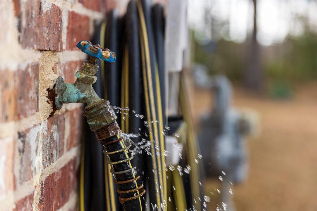 Outdoor plumbing issue after winter. Leaking outdoor faucet showing winter damage after freezing weather in London Ontario home