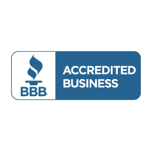 Blue and white BBB Accredited Business logo.