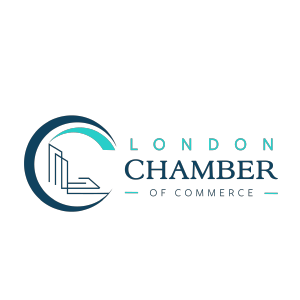 London Chamber of Commerce logo: Stylized blue 'C' with building outlines inside, and text 'LONDON CHAMBER OF COMMERCE'.