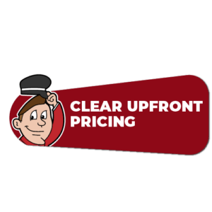 Cartoon man in uniform cap smiles, tipping his cap, next to a red banner with "CLEAR UPFRONT PRICING".