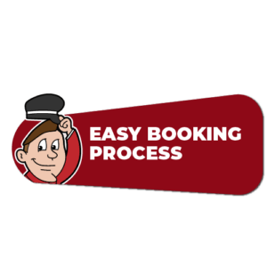Cartoon man in uniform cap, smiling and tipping his hat, next to a red banner with "EASY BOOKING PROCESS".