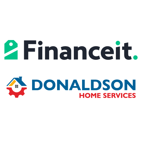 Financeit. logo with green price tag icon, and Donaldson Home Services logo with house on red gear icon.