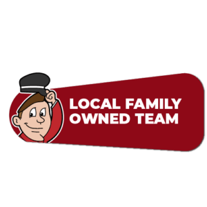 Smiling cartoon man in red shirt tips black cap next to text: LOCAL FAMILY OWNED TEAM.