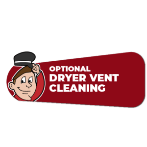 Cartoon man's head and shoulder, smiling and tipping a black hat, next to "OPTIONAL DRYER VENT CLEANING" text.