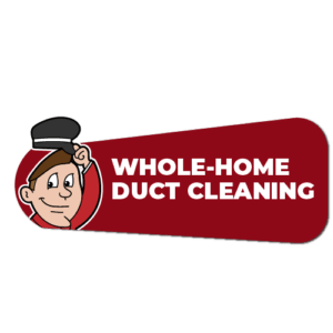 Cartoon man in red shirt and black cap, smiling and tipping his hat, next to a red banner with "WHOLE-HOME DUCT CLEANING".