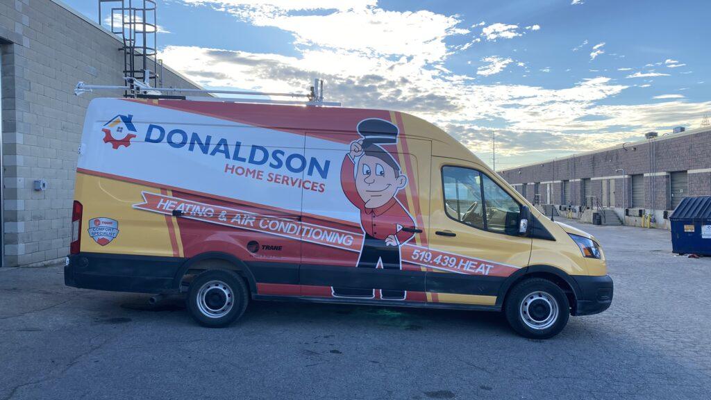 Donaldson Home Services work truck parked outback of corporate office at 77 Bessemer Rd in London, Ontario