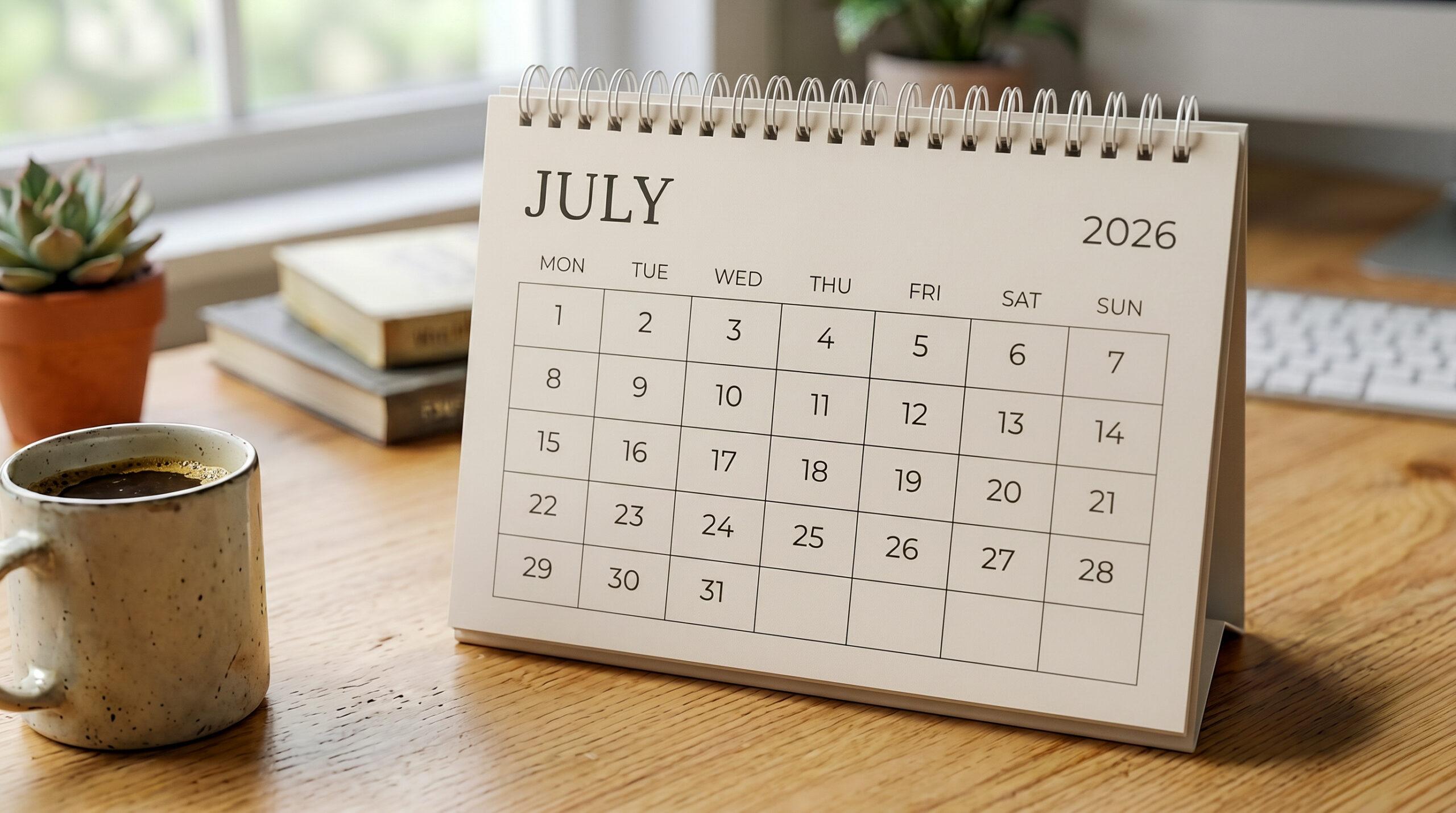 Desk calendar July 2026 month view